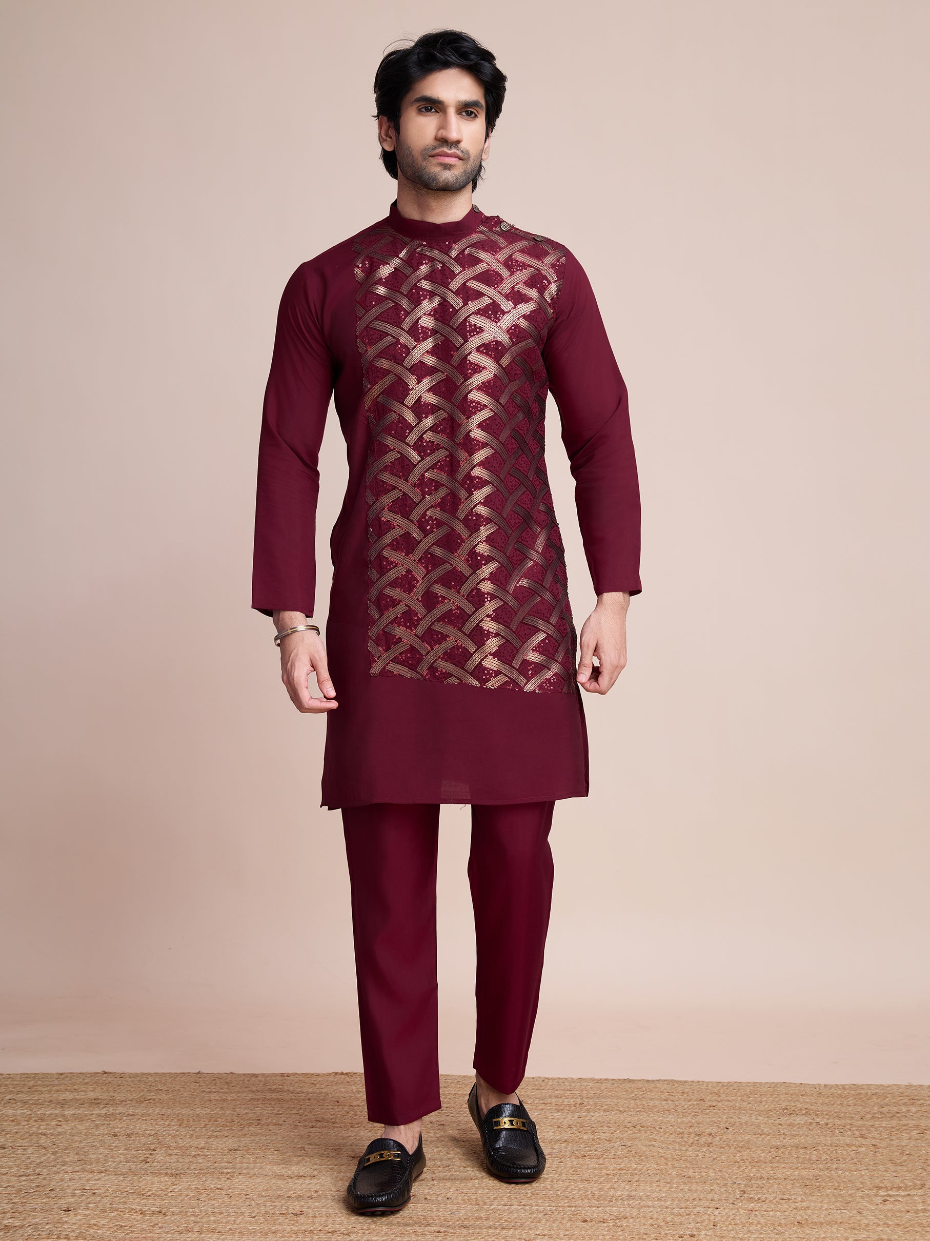 Maroon Sequins Embroidered Ethnic Kurta – Classic Festive Attire