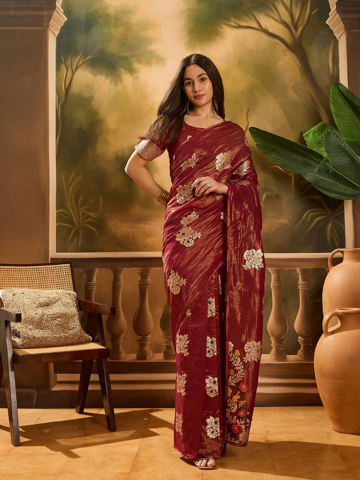Maroon Shimmer Silk Woven Jacquard Designer Traditional Partywear Saree