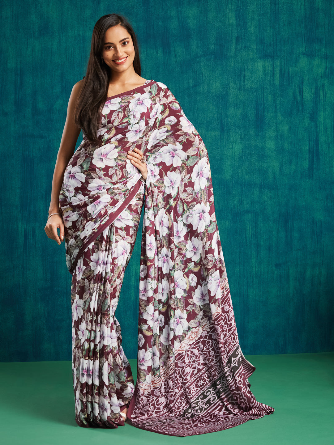 Maroon Silk Crepe Designer Printed Ready To Wear Saree