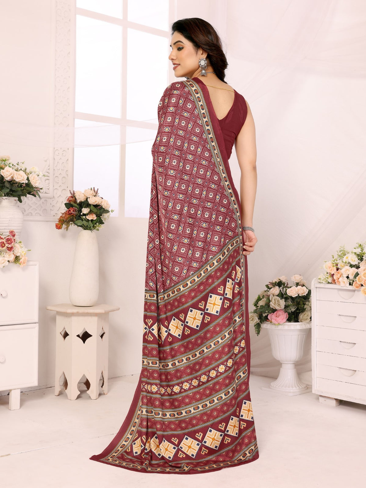 Maroon Silk Crepe Saree with Print