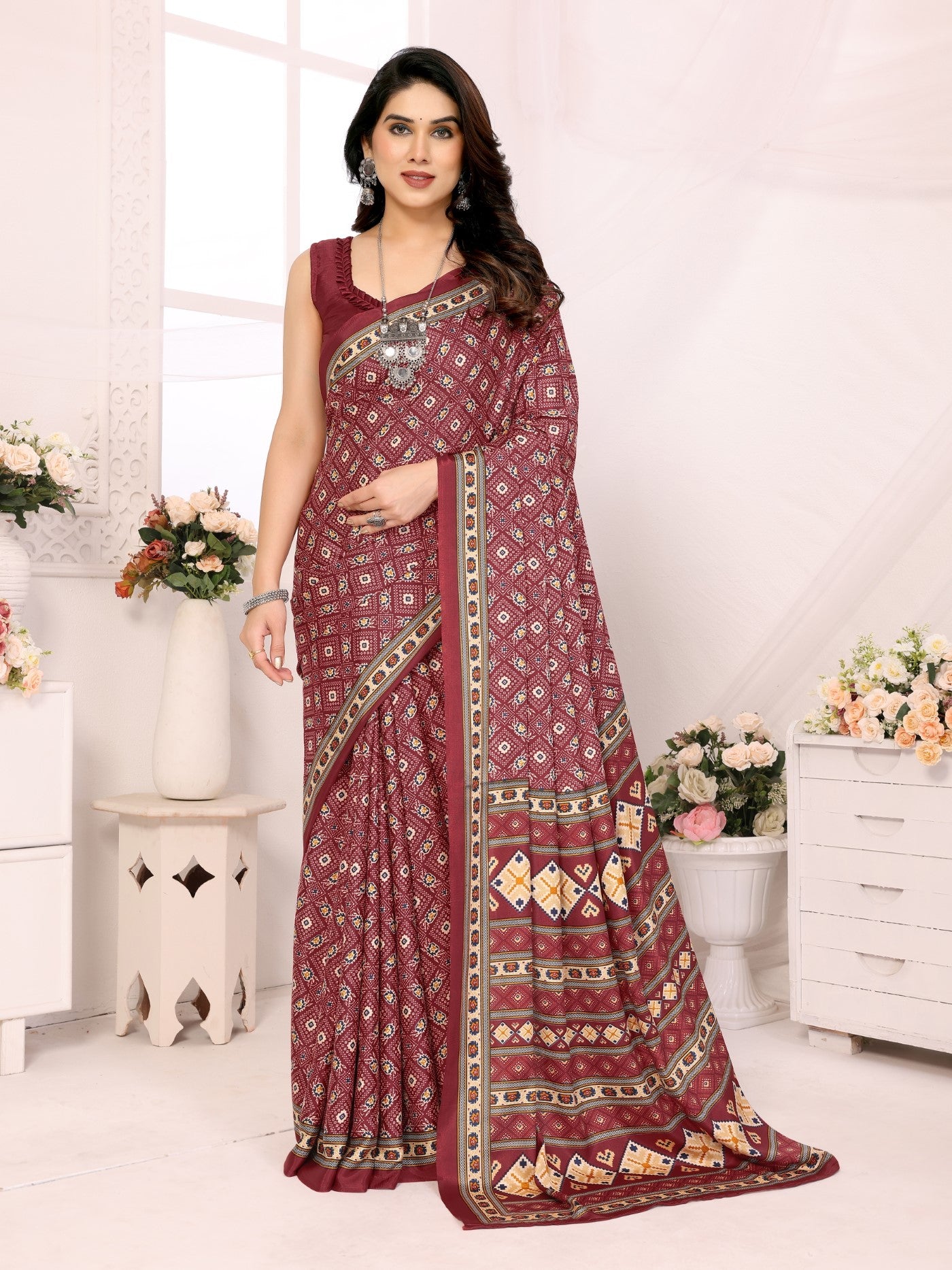 Maroon Silk Crepe Saree with Print