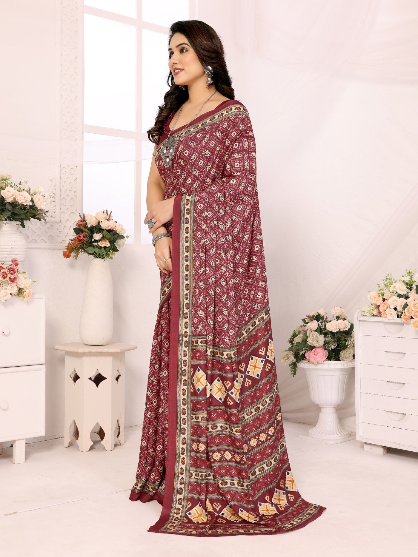 Maroon Silk Crepe Saree with Print