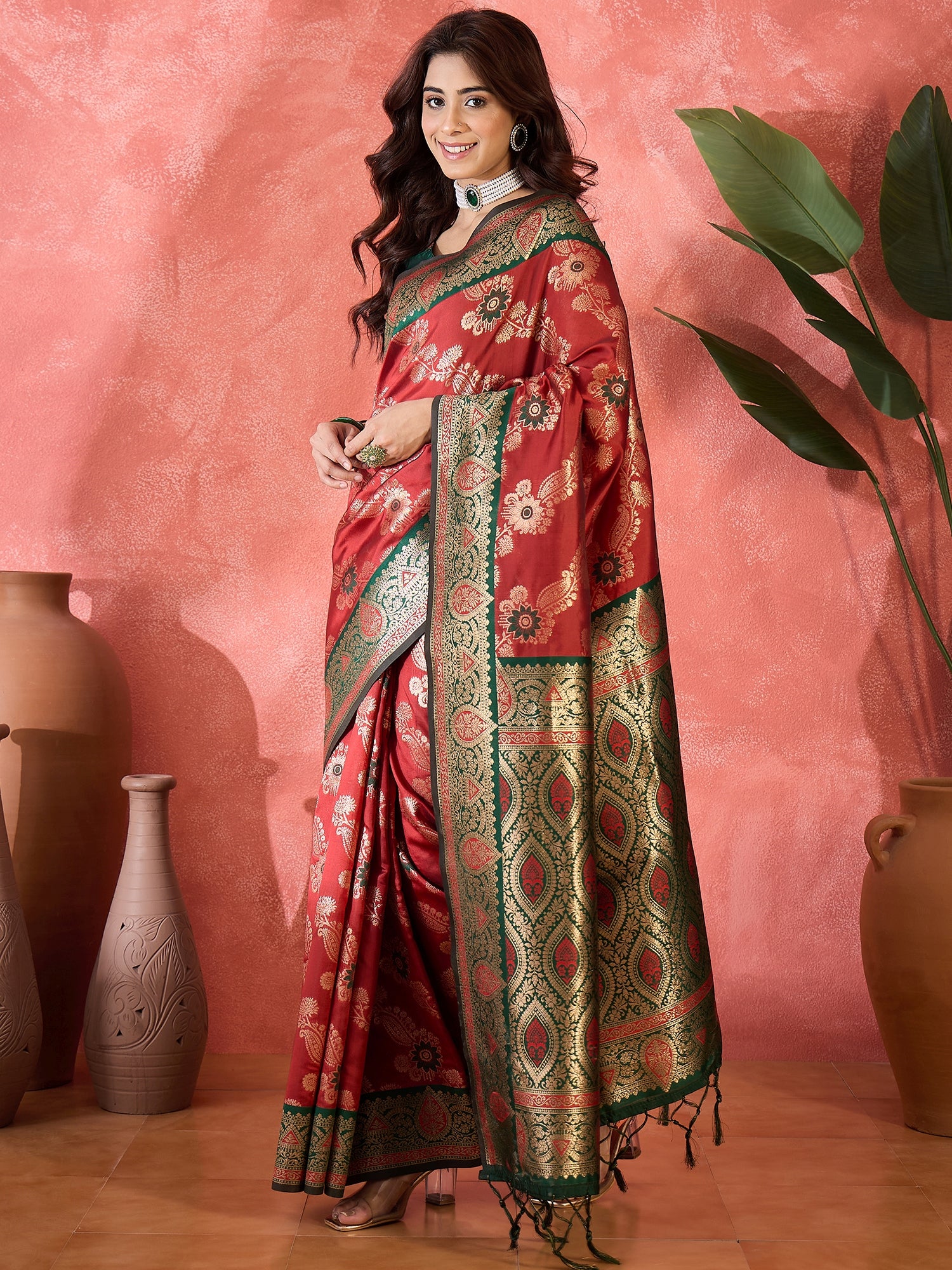 Maroon Silk Woven Designer Partywear Ethnic Silk Saree