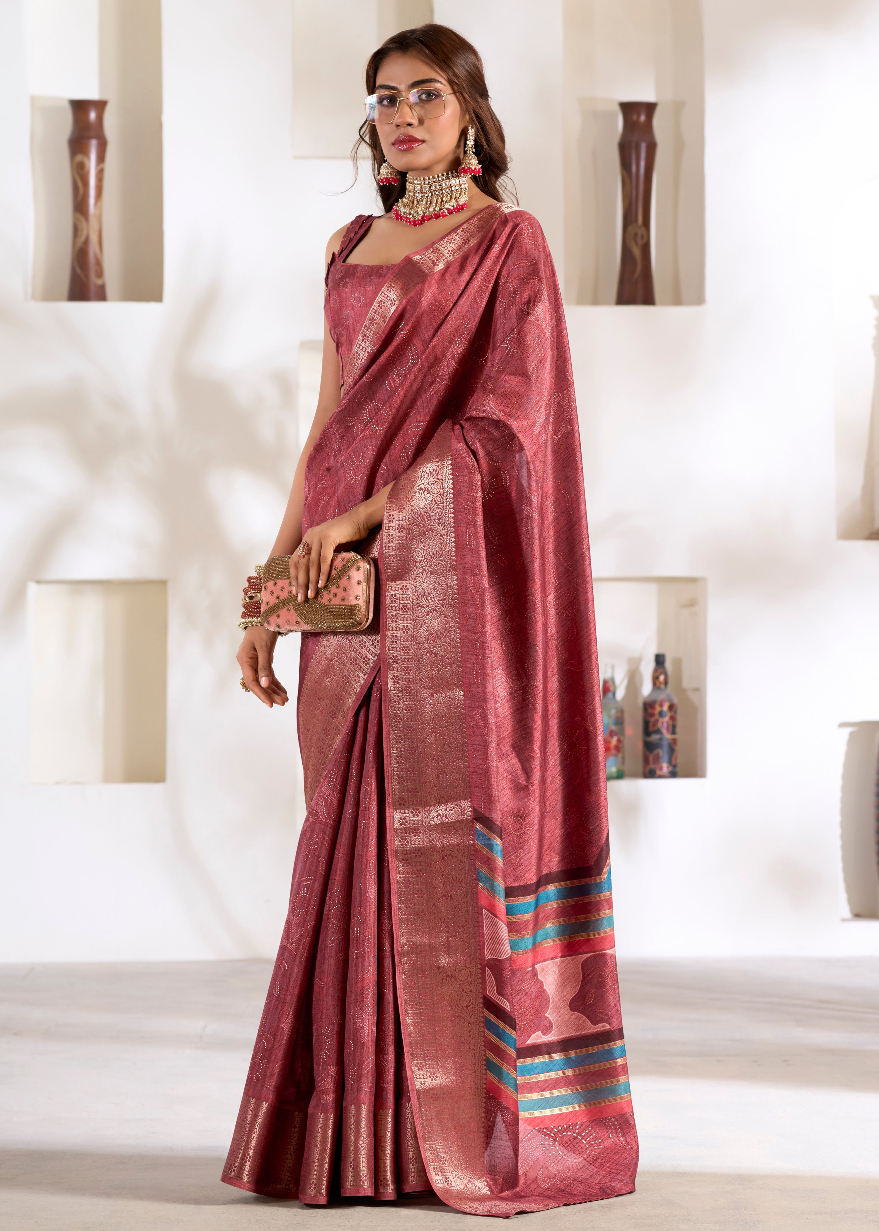 Maroon Soft Dola Silk Saree With  Foil Print With Jacquard Woven Work
