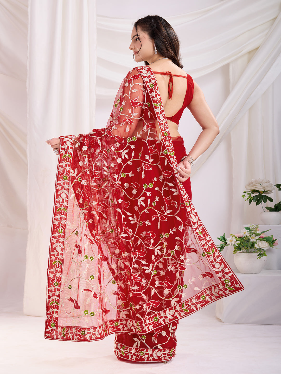Maroon Soft Net Designer Thread Embroidery Work Girlie Partywear Saree