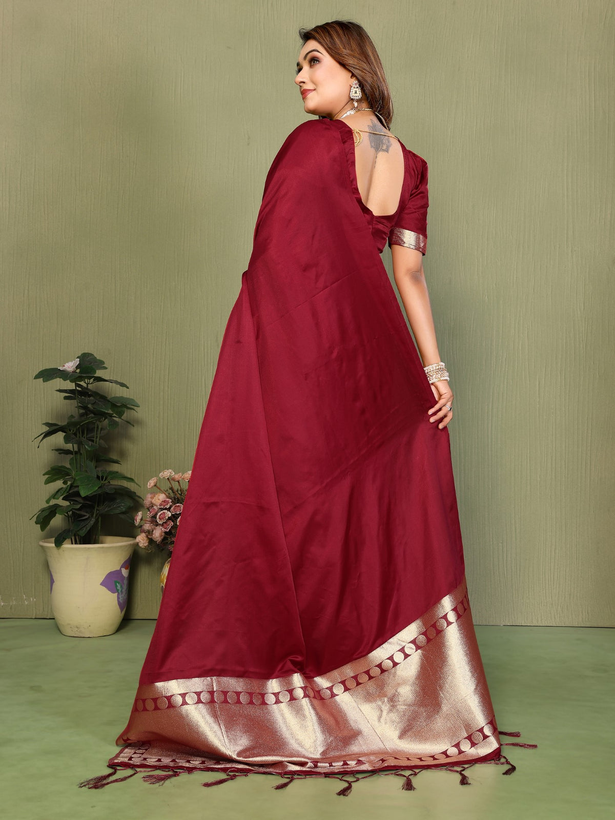Maroon Soft Satin Silk Saree With Premium Zari Weaving