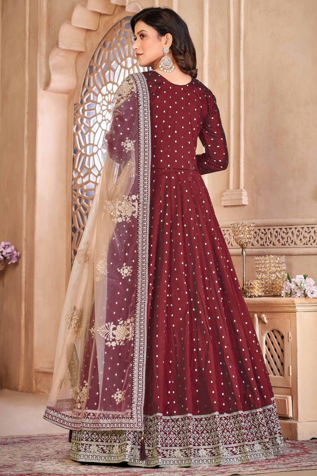Maroon Taffeta Butti Heavy Thread Embroidery Sequins Work  Anarkali Suits