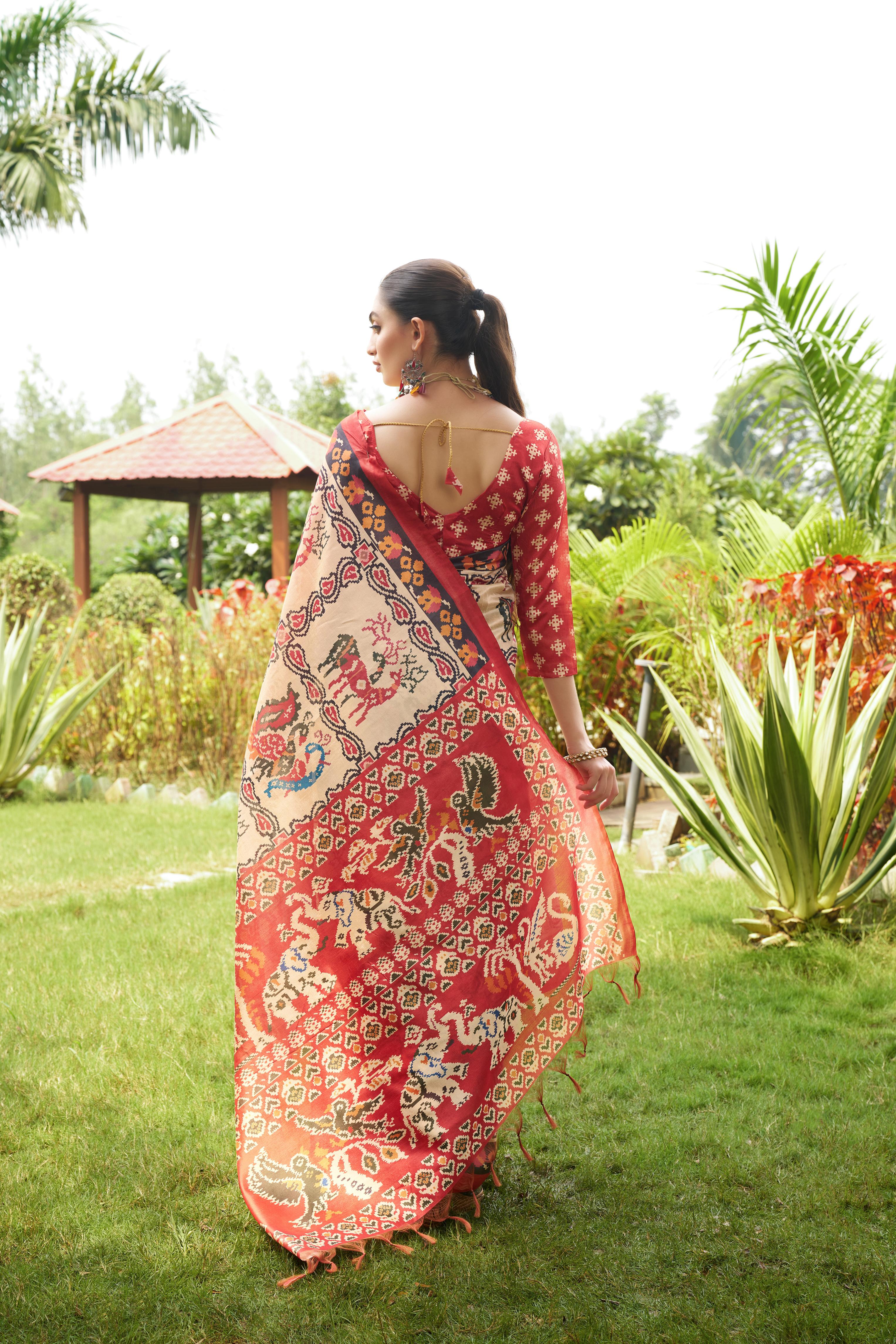 Maroon Tussar Silk Fabric Designer Patola Printed Ethnic Traditional Saree
