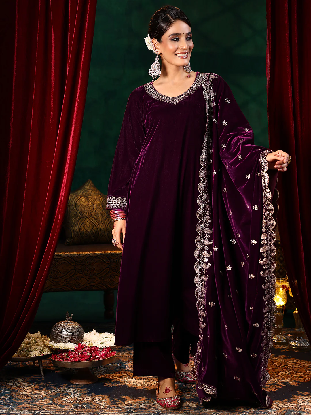 Maroon Velvet Kurta Pant Set With Heavy Thread Embroidery Work On Neck, Sleeve And Dupatta