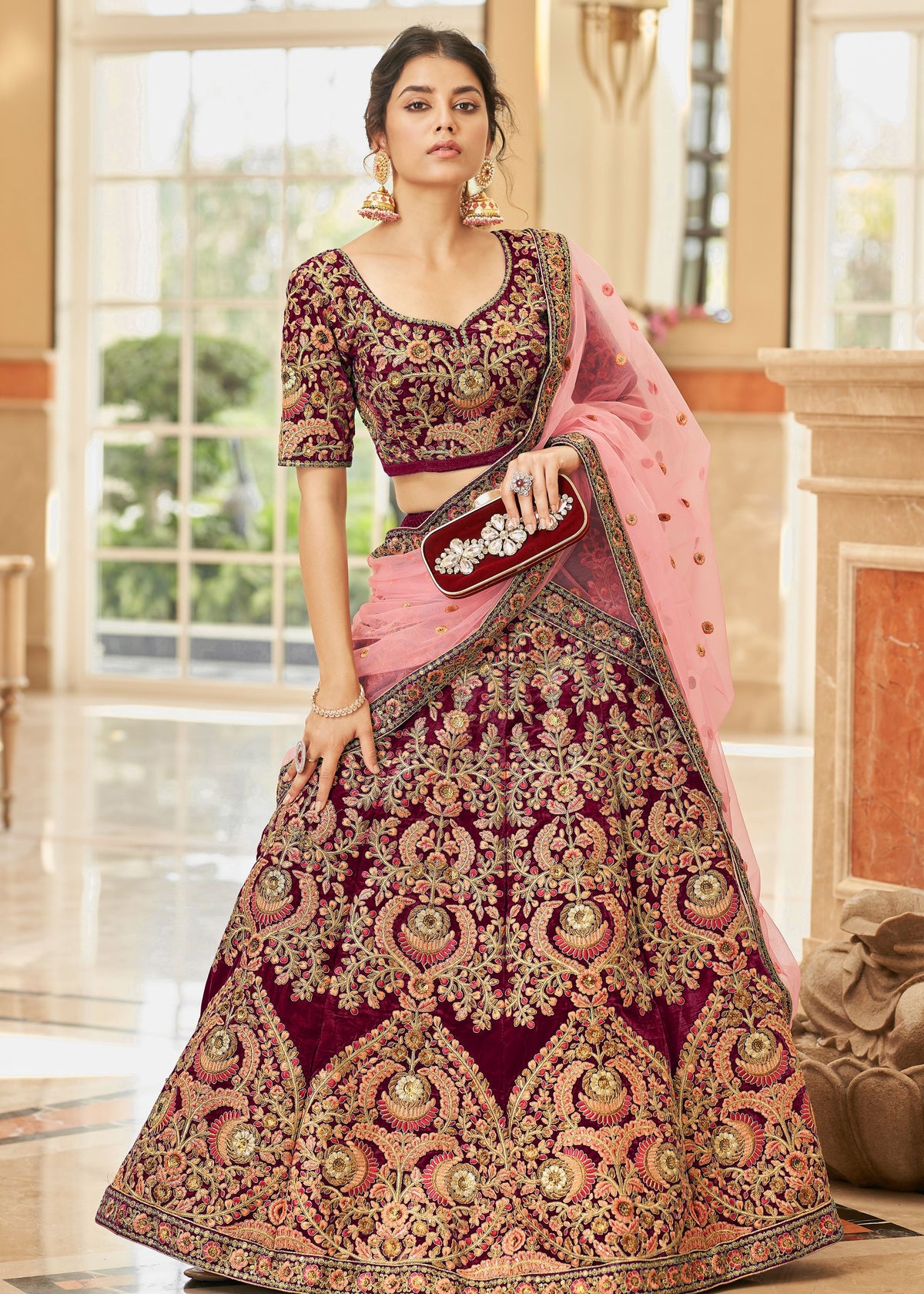 Maroon Velvet Lehenga Choli With Thread, Zari, Dori and Sequins Embroidery Work