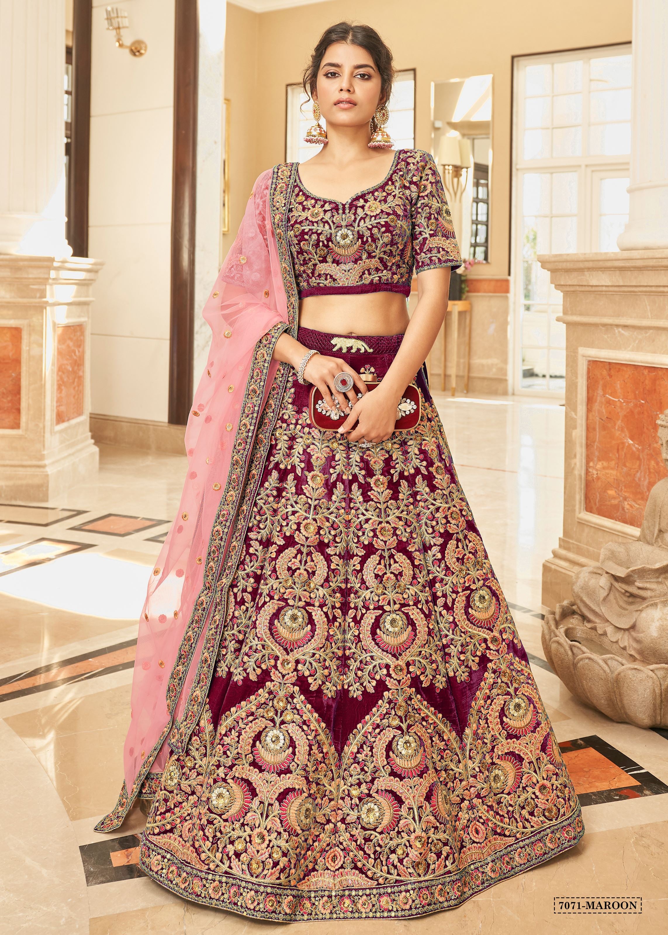 Maroon Velvet Lehenga Choli With Thread, Zari, Dori and Sequins Embroidery Work
