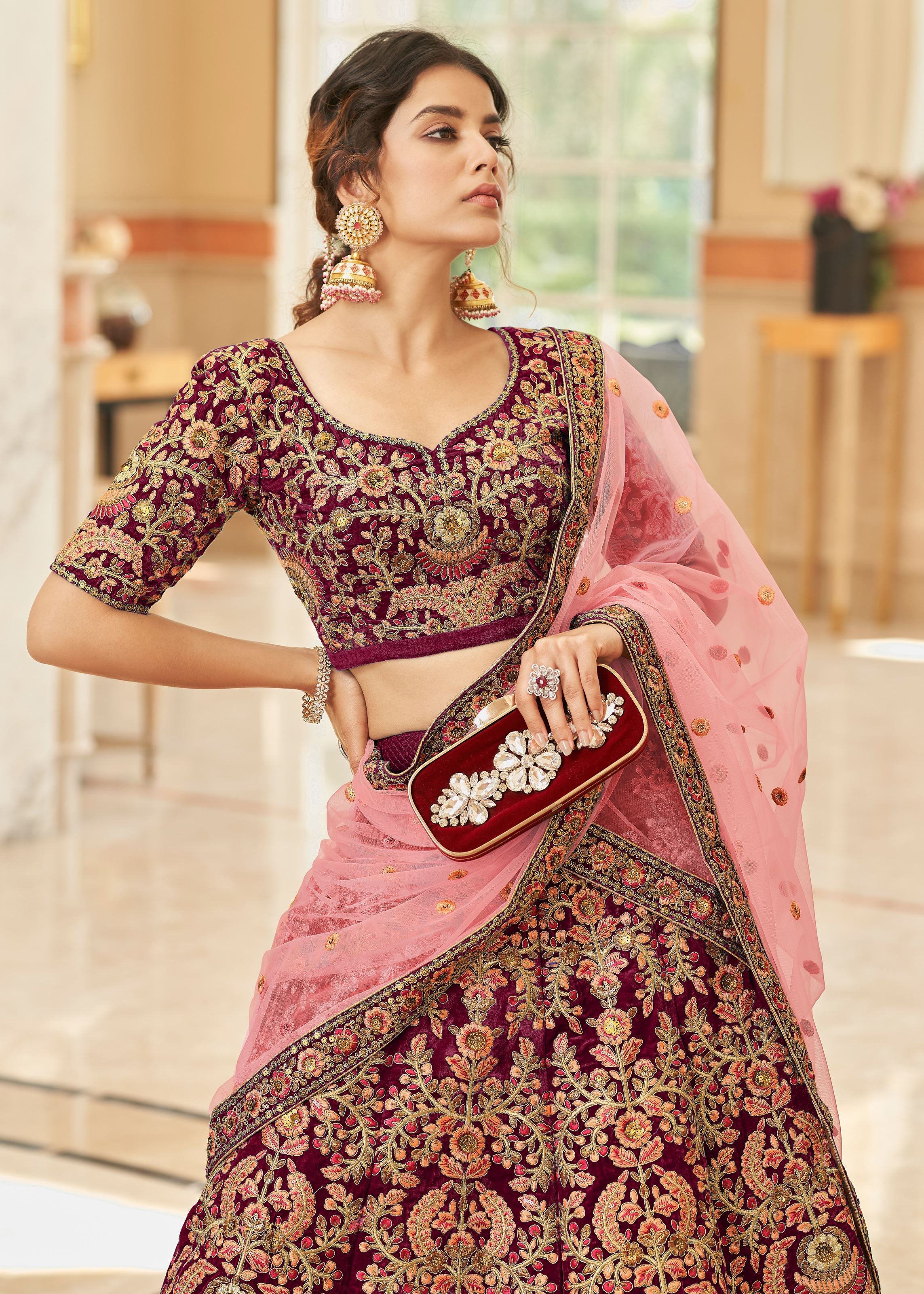 Maroon Velvet Lehenga Choli With Thread, Zari, Dori and Sequins Embroidery Work