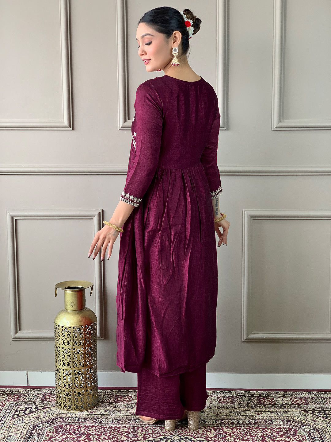 Maroon Vichitra Silk Elegant Kurta Pant Set With Embroidery Work