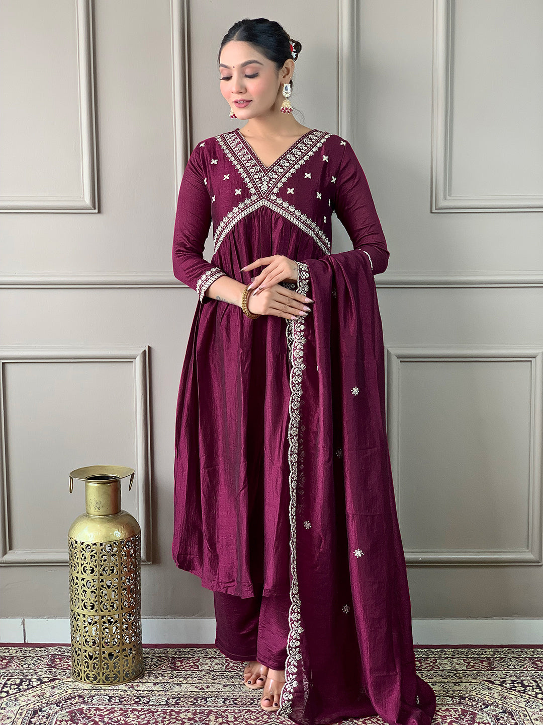Maroon Vichitra Silk Elegant Kurta Pant Set With Embroidery Work