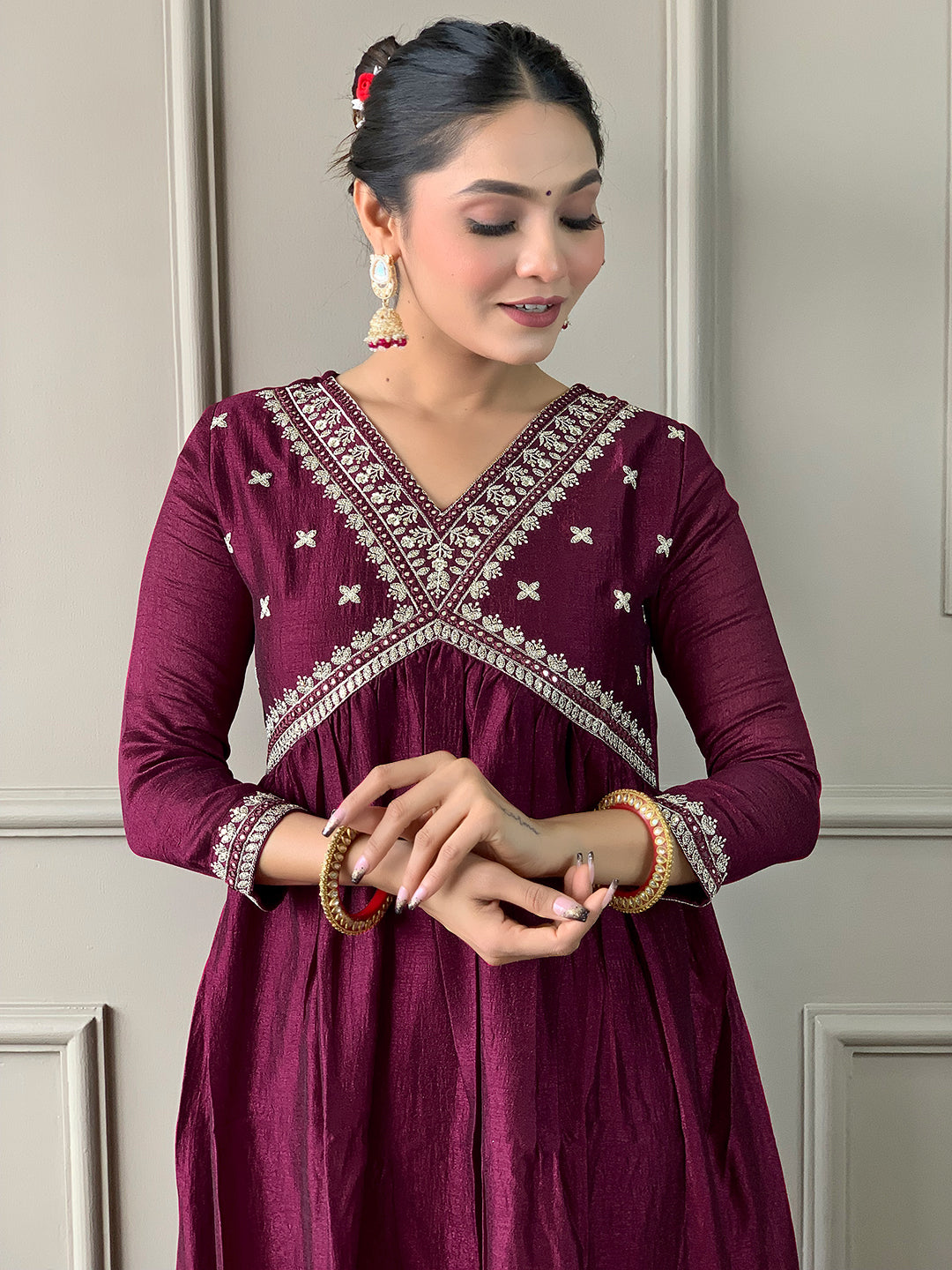 Maroon Vichitra Silk Elegant Kurta Pant Set With Embroidery Work