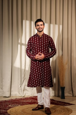 Maroon Viscose Designer Embroidered Ethnic Ceremonial Kurta Pajama