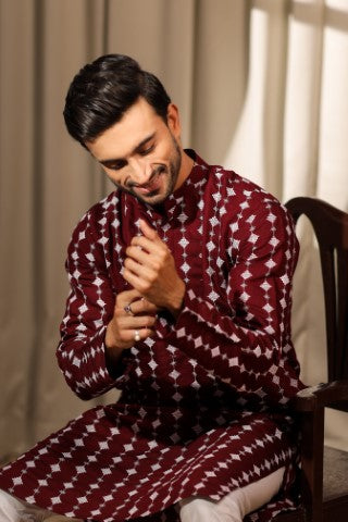 Maroon Viscose Designer Embroidered Ethnic Ceremonial Kurta Pajama