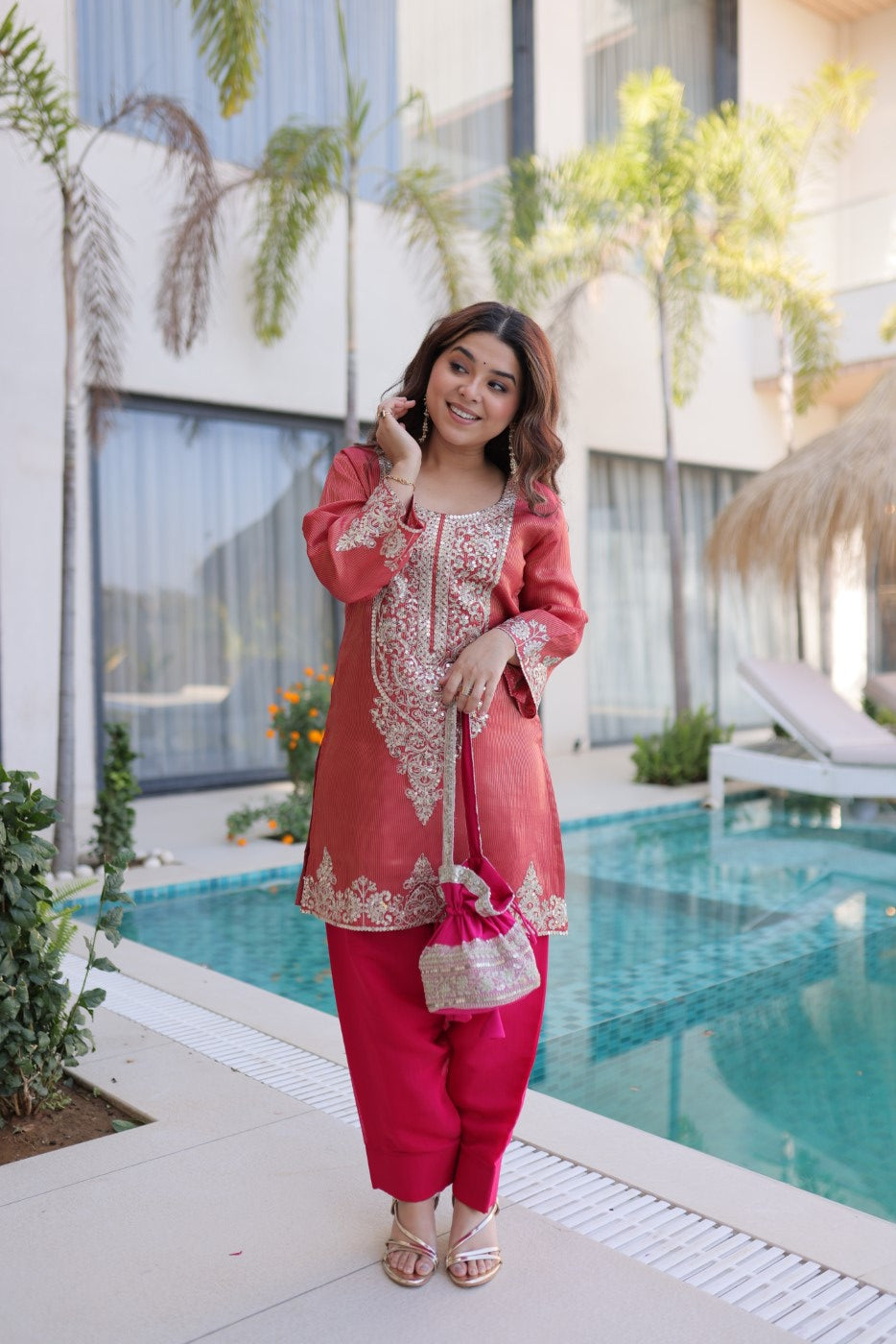 Maroon Viscose Designer Suit Set With Zari Embroidery