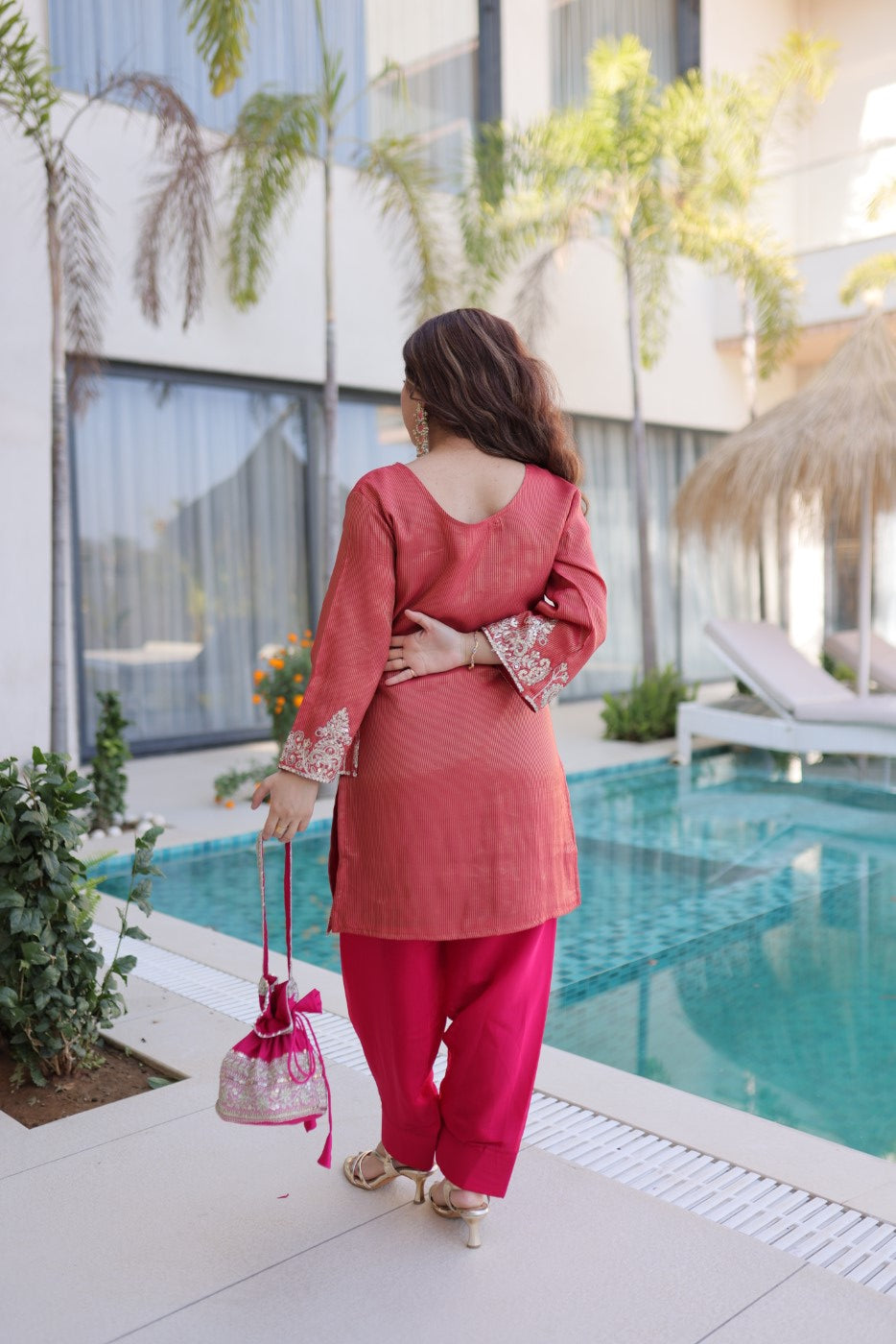 Maroon Viscose Designer Suit Set With Zari Embroidery