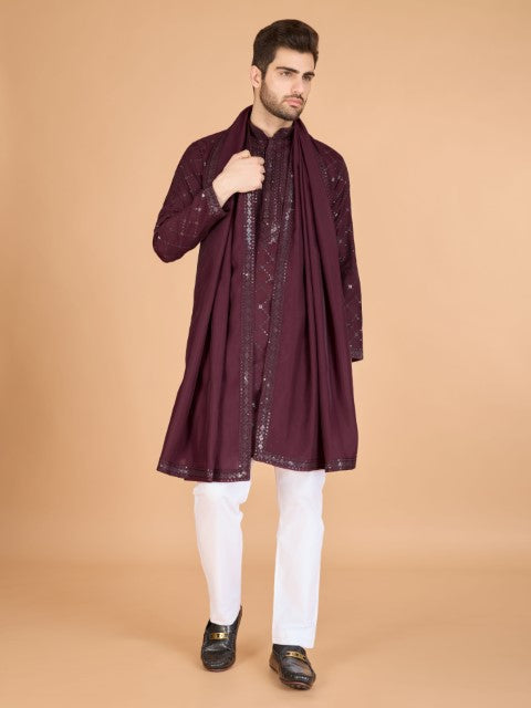 Maroon Viscose Silk Thread & Sequins Kurta with Dupatta