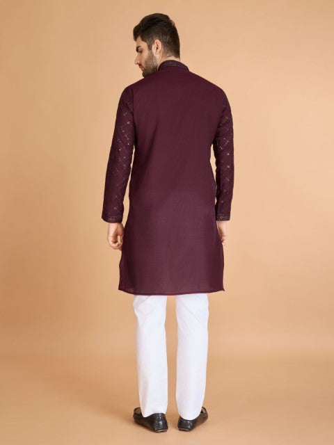 Maroon Viscose Silk Thread & Sequins Kurta with Dupatta