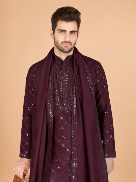 Maroon Viscose Silk Thread & Sequins Kurta with Dupatta