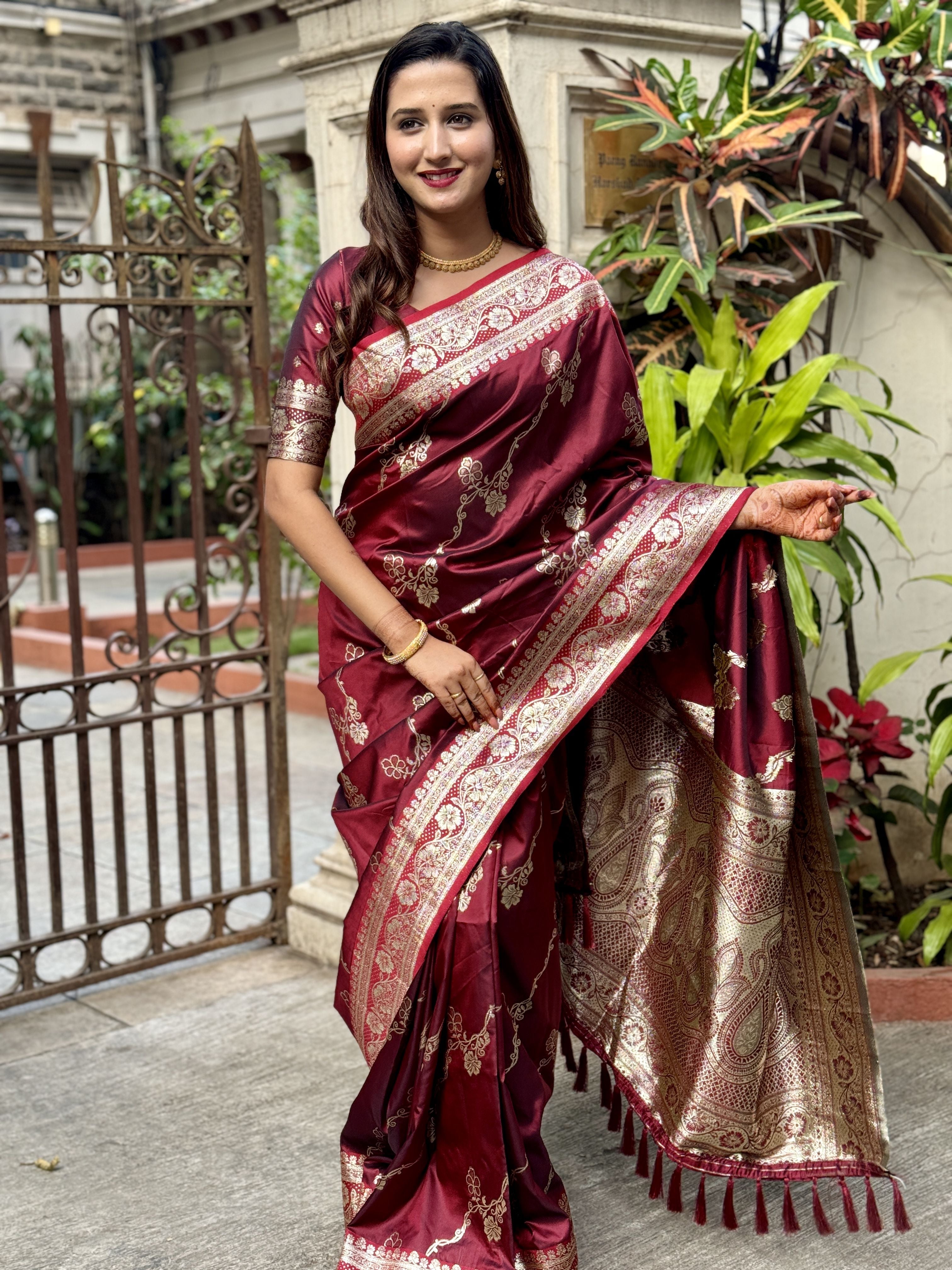 Maroon Woven Jacquard Jari Designer Banarasi Silk Festive Ceremonial Saree