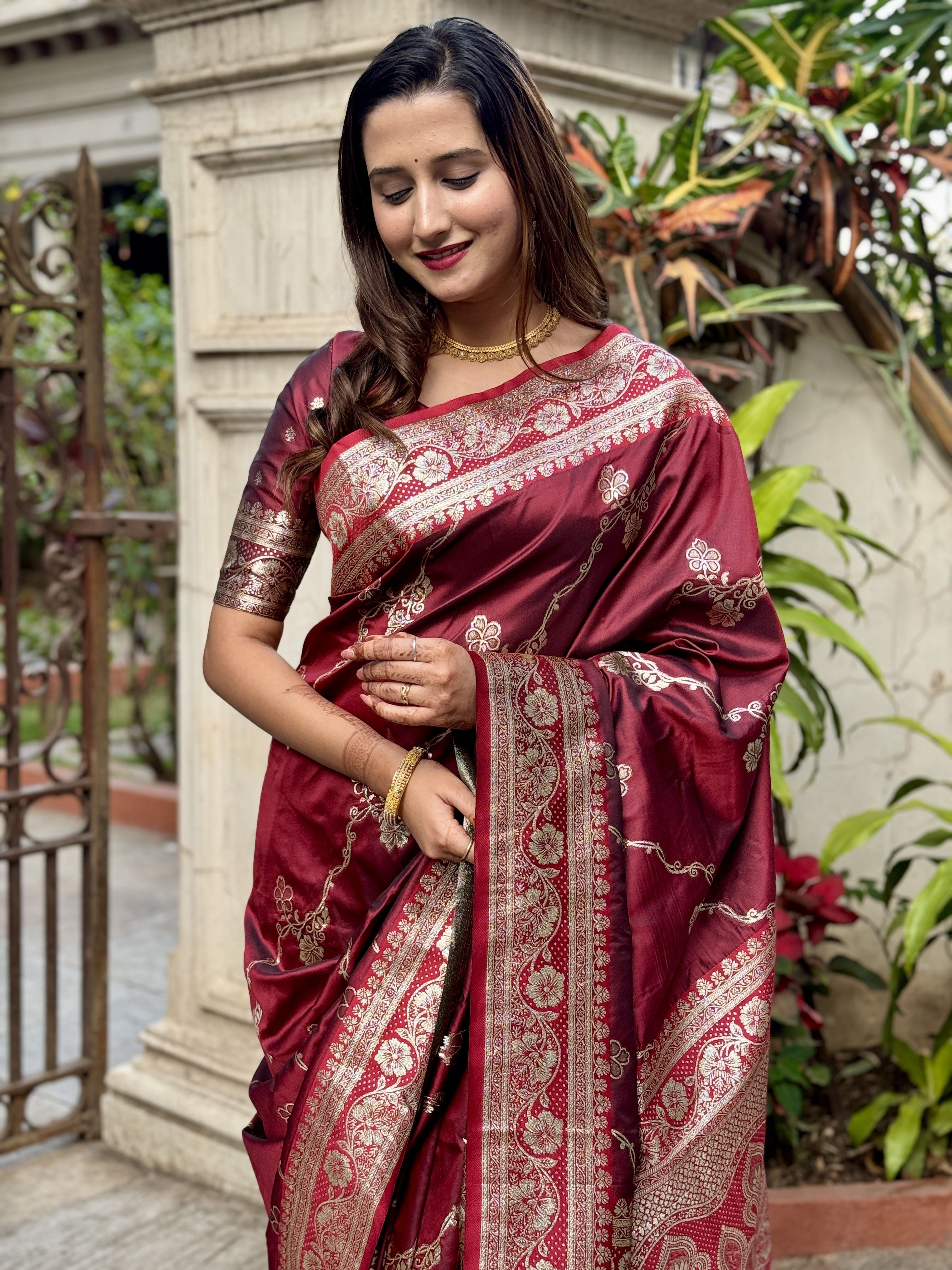 Maroon Woven Jacquard Jari Designer Banarasi Silk Festive Ceremonial Saree
