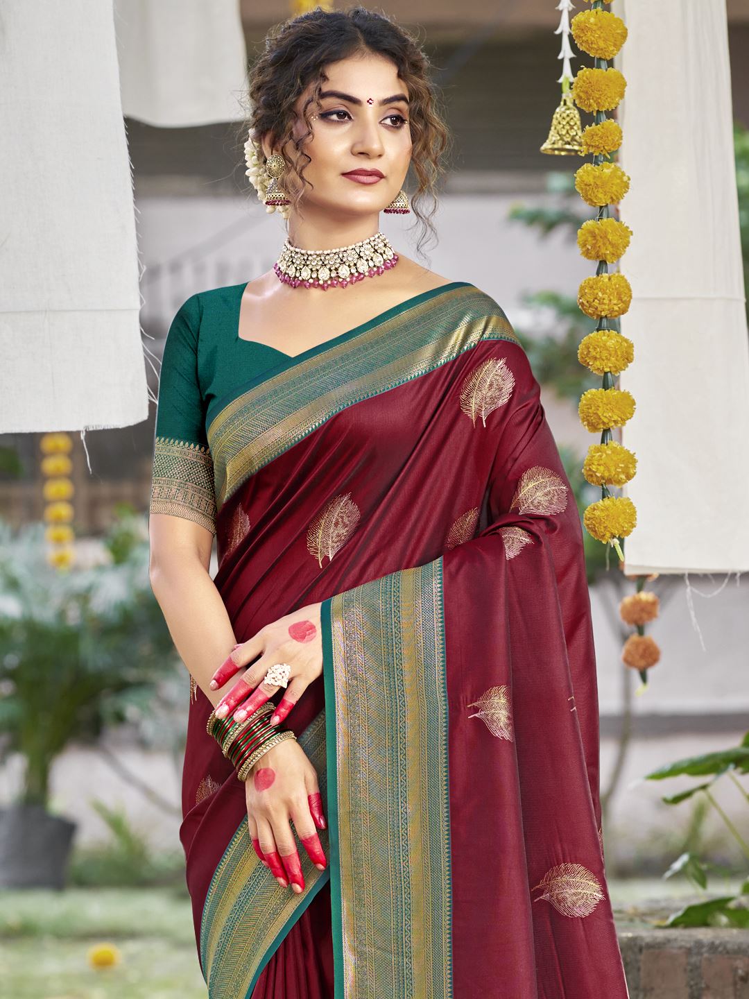 Maroon Woven Work Silk Festive Saree