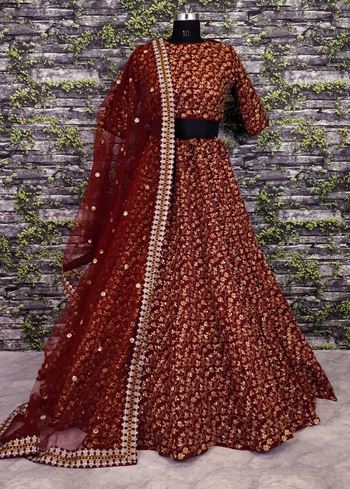 Maroon Zari Embroidered Silk Bridal Lehenga Choli