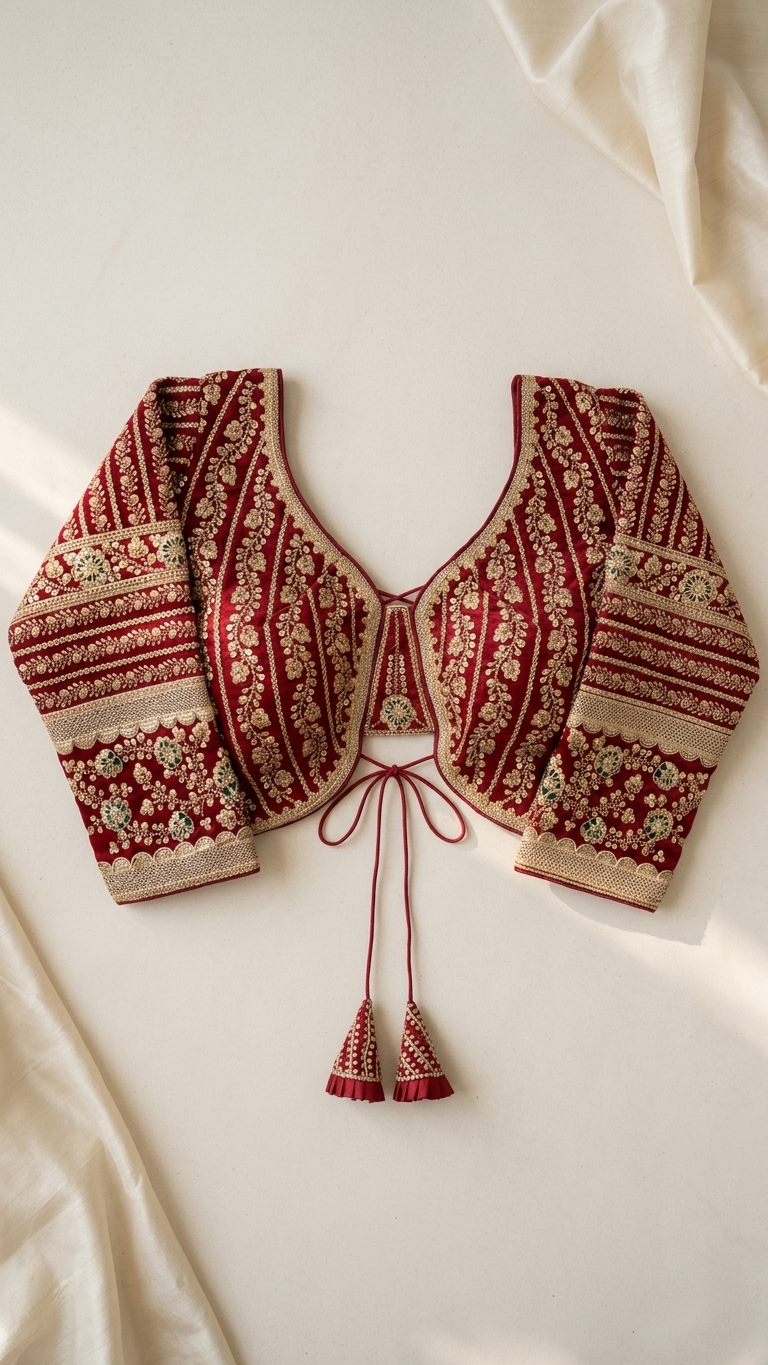Maroon Beautiful Long Sleeves Backless Bridal Blouse With Embroidery  Sequins Work