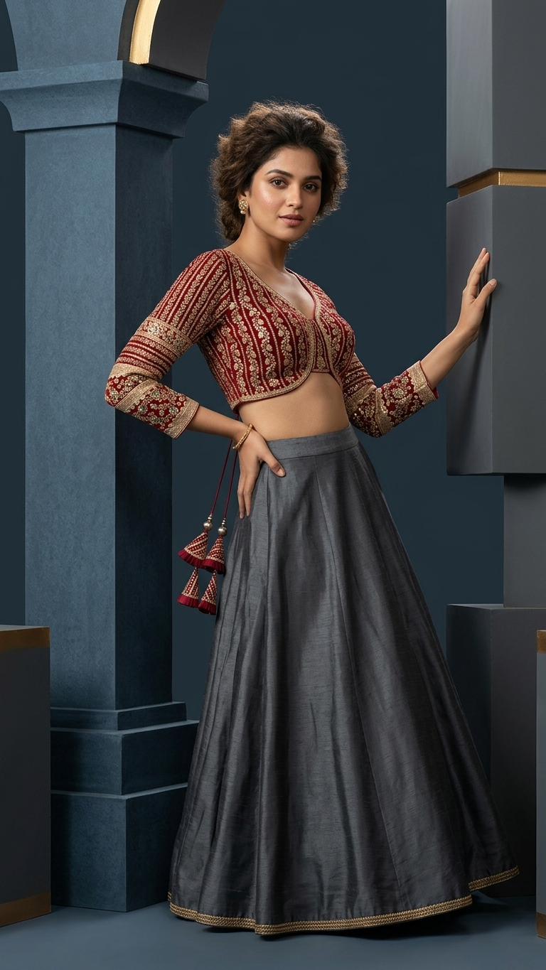 Maroon Beautiful Long Sleeves Backless Bridal Blouse With Embroidery  Sequins Work