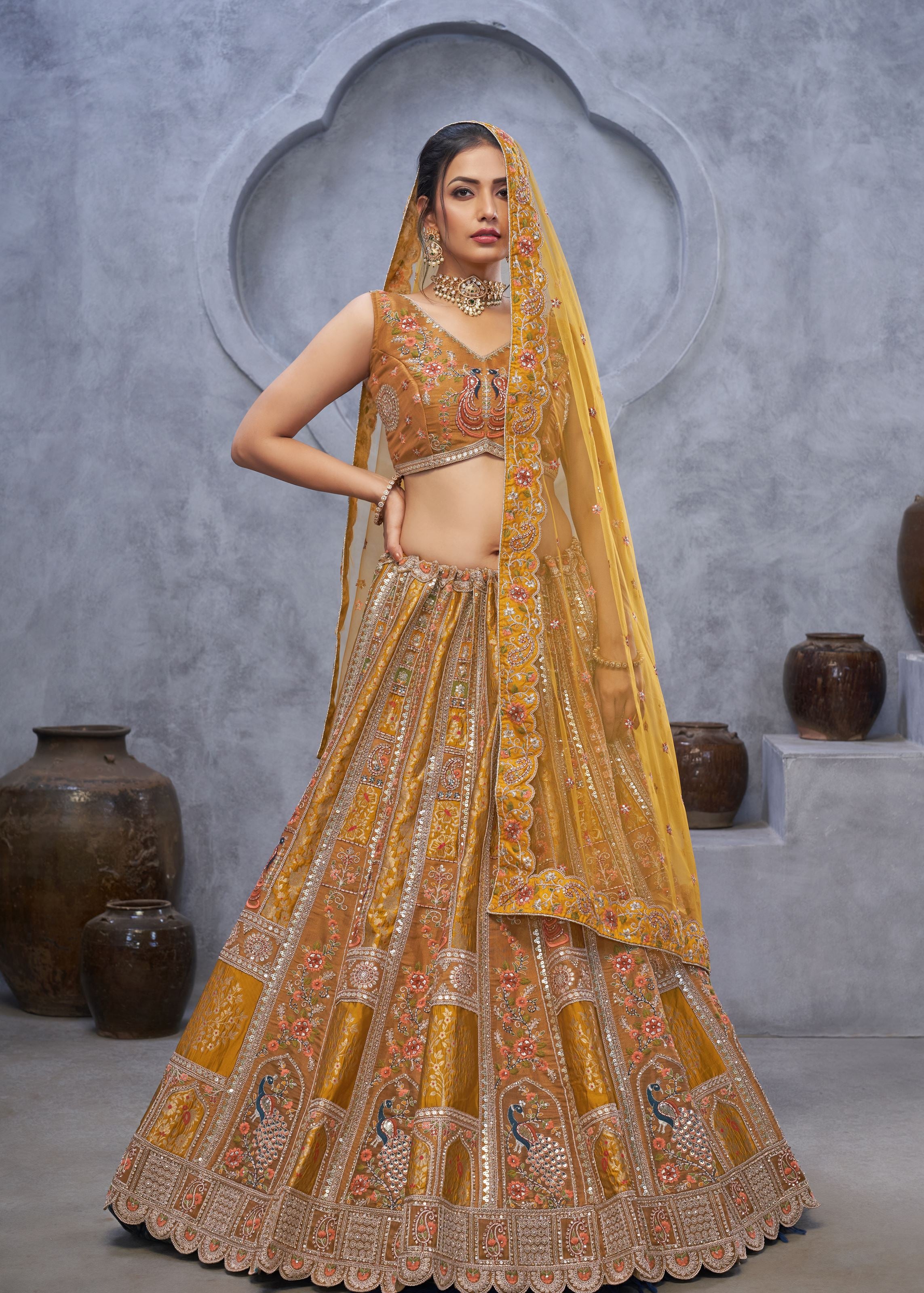 Marvelous Mustard Bridal Lehenga Choli With  Peacock Embroidery