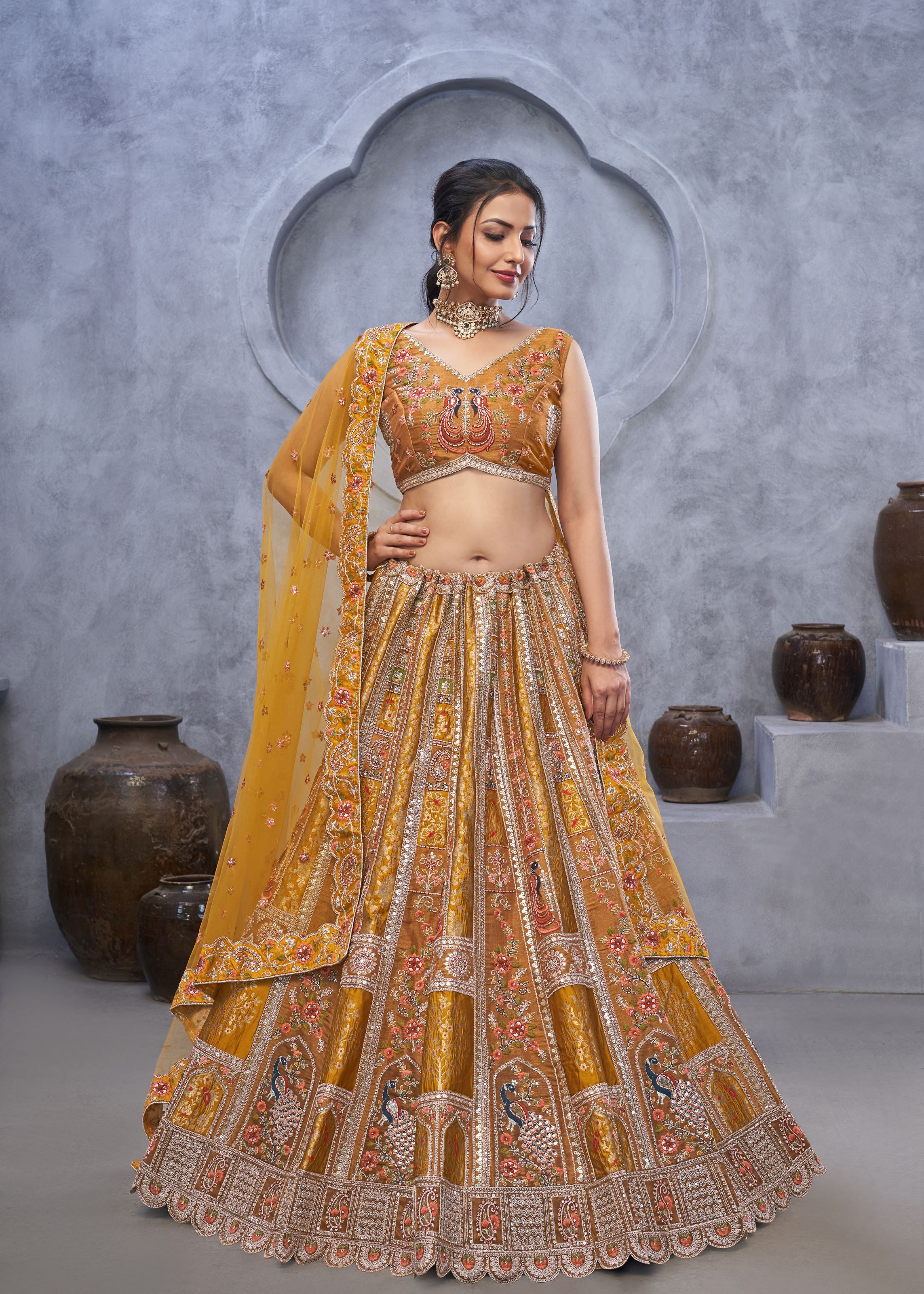 Marvelous Mustard Bridal Lehenga Choli With  Peacock Embroidery