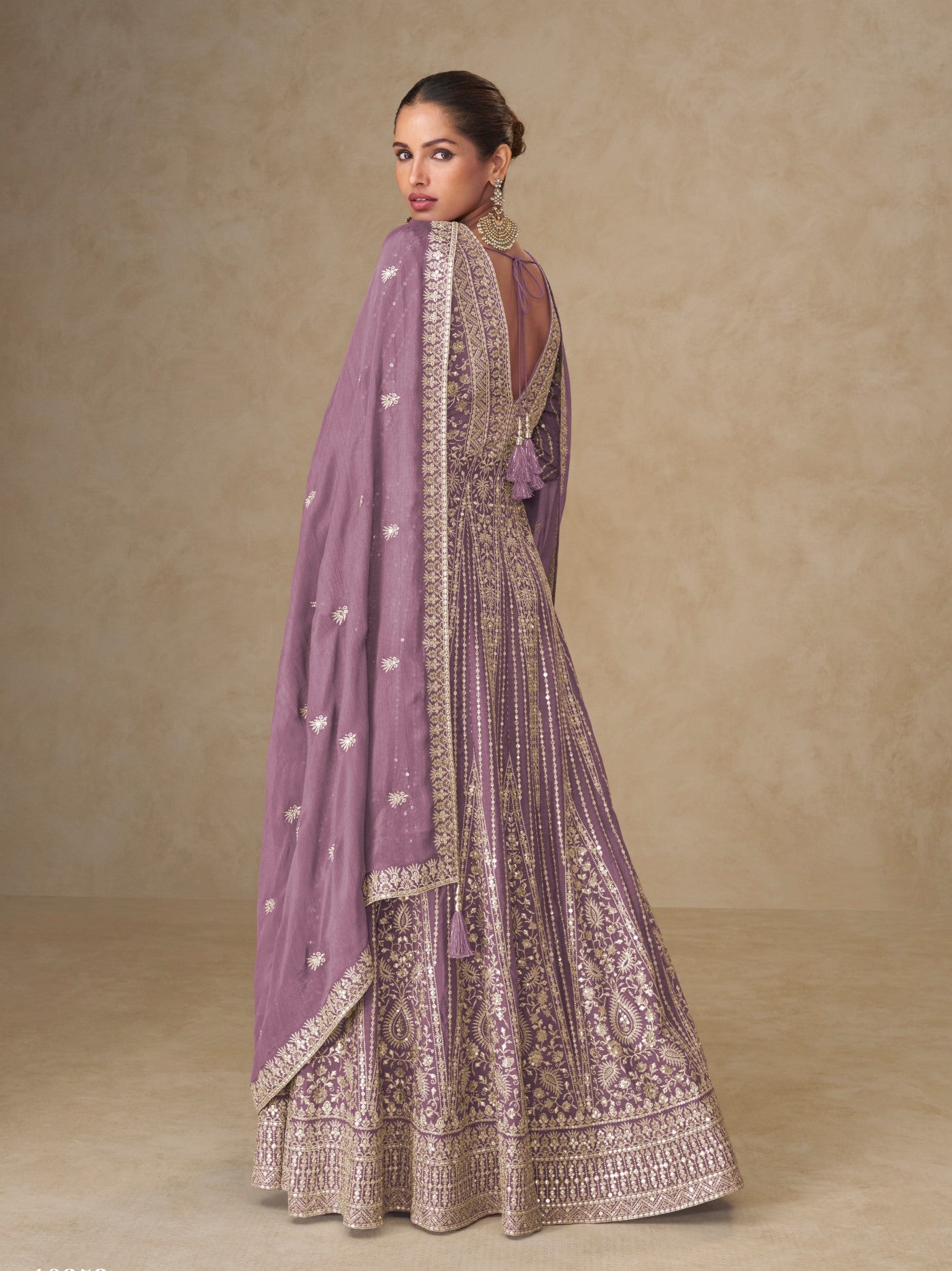 Mauve Chinon Designer Suit Set With Elegant Embroidery