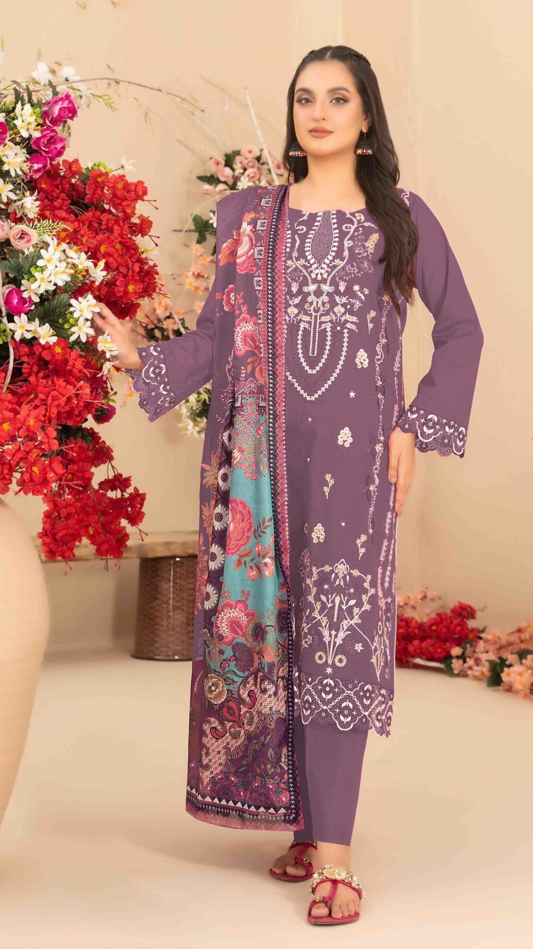Mauve Cotton Designer Suit Set With Elegant Embroidery