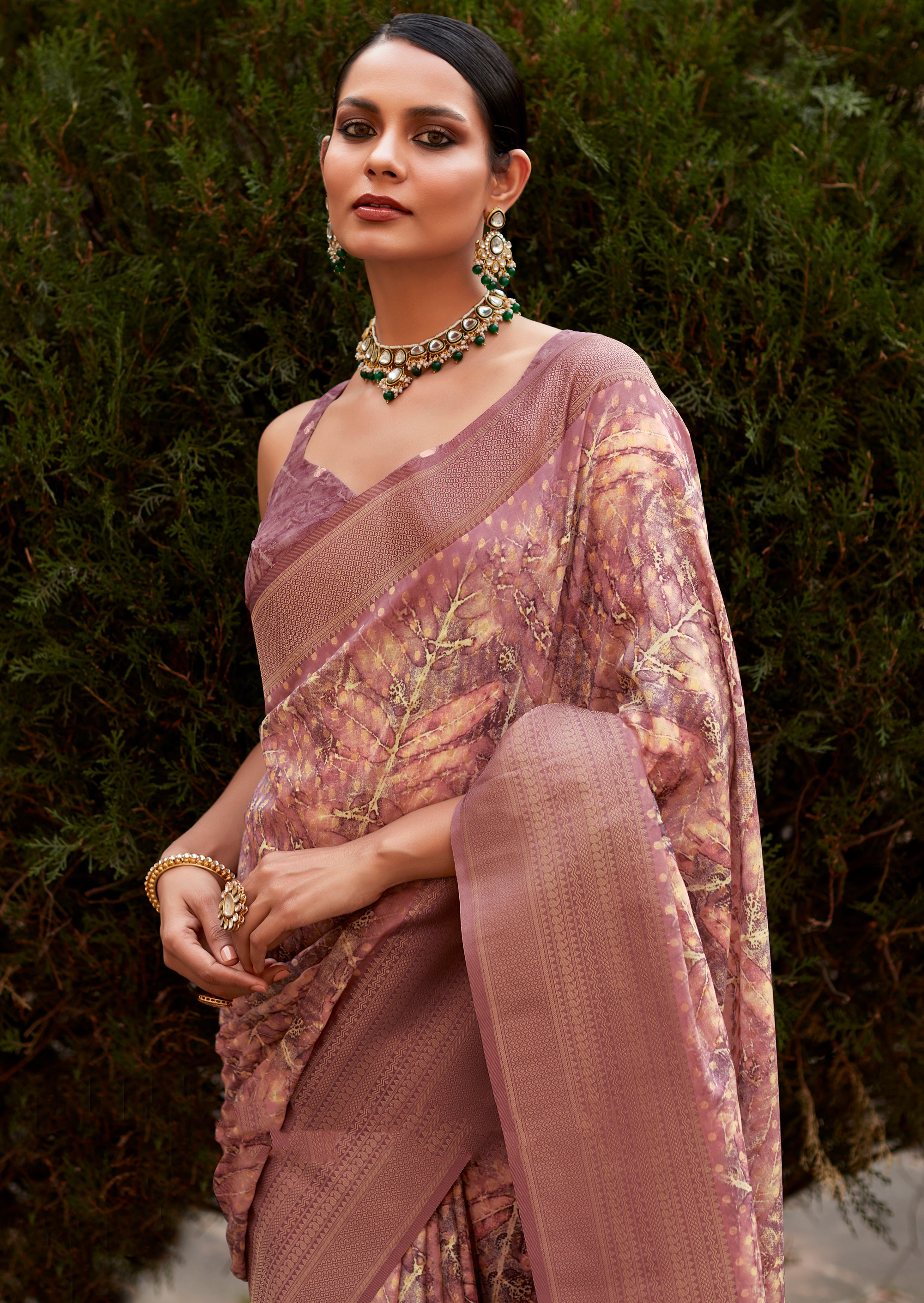 Mauve Crepe Silk Saree With  Print and Woven Work