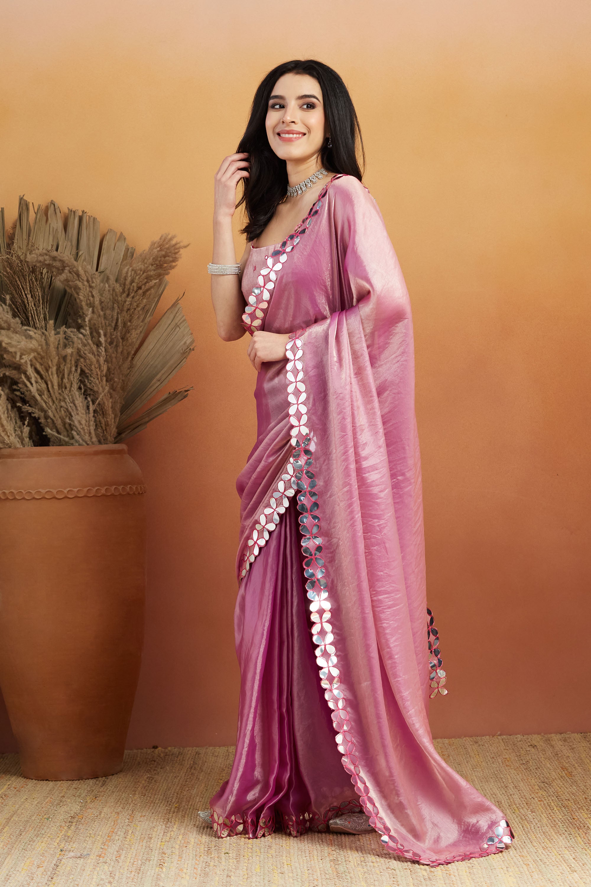 Mauve Designer Embroidery Work Ready To Wear Saree