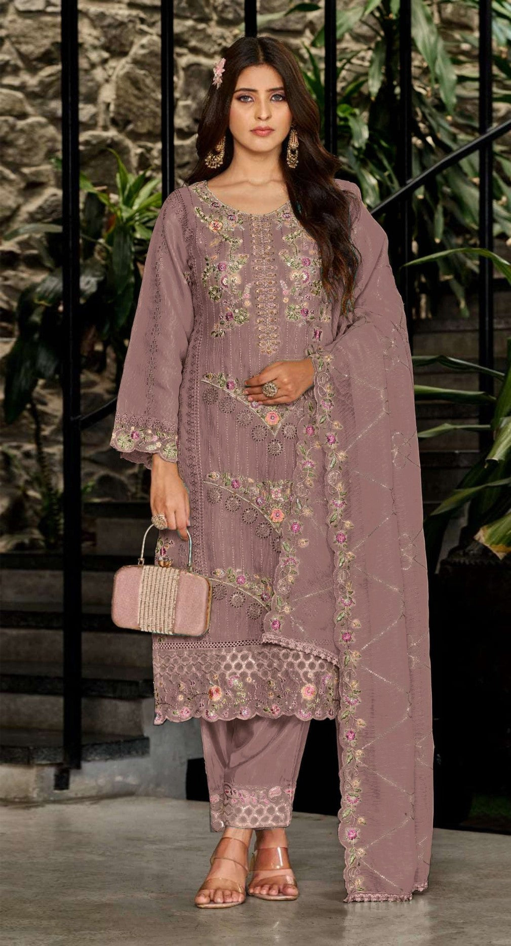 Mauve Georgette Designer Suit Set With Intricate Embroidery