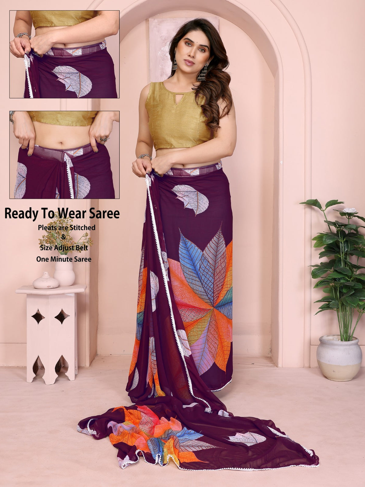 Mauve Georgette Ready-to-Wear Printed Saree with Lace