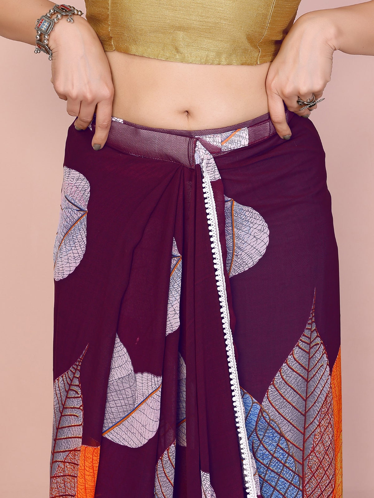 Mauve Georgette Ready-to-Wear Printed Saree with Lace