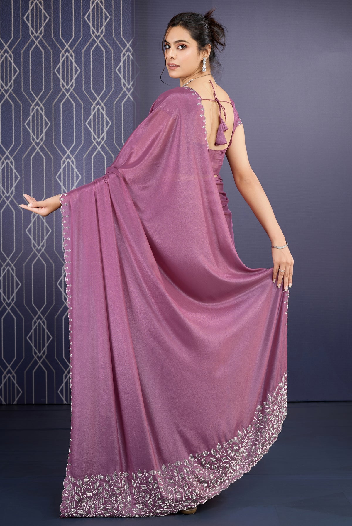 Mauve Ice Georgette Saree with Elegant Zarkan Border Work