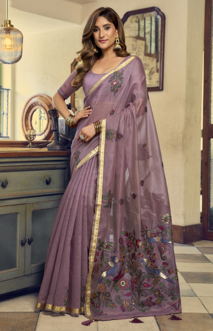 Mauve Kolkata Cotton Saree with Elegant Jari Border Tassels