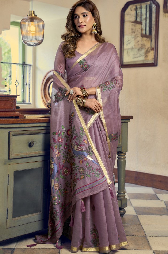 Mauve Kolkata Cotton Saree with Elegant Jari Border Tassels