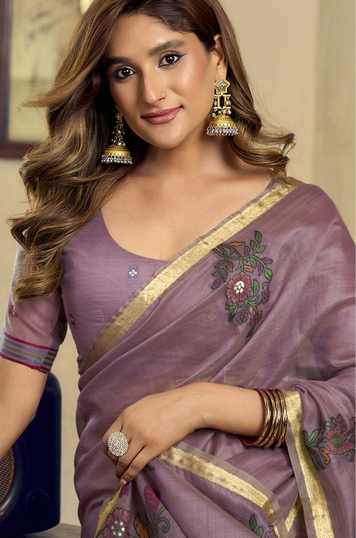 Mauve Kolkata Cotton Saree with Elegant Jari Border Tassels
