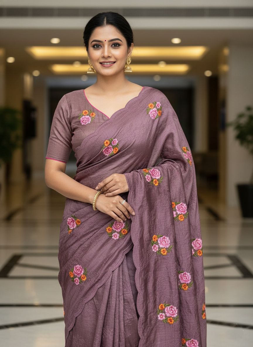 Mauve Manipuri Silk Saree with Premium Thread Embroidery Work