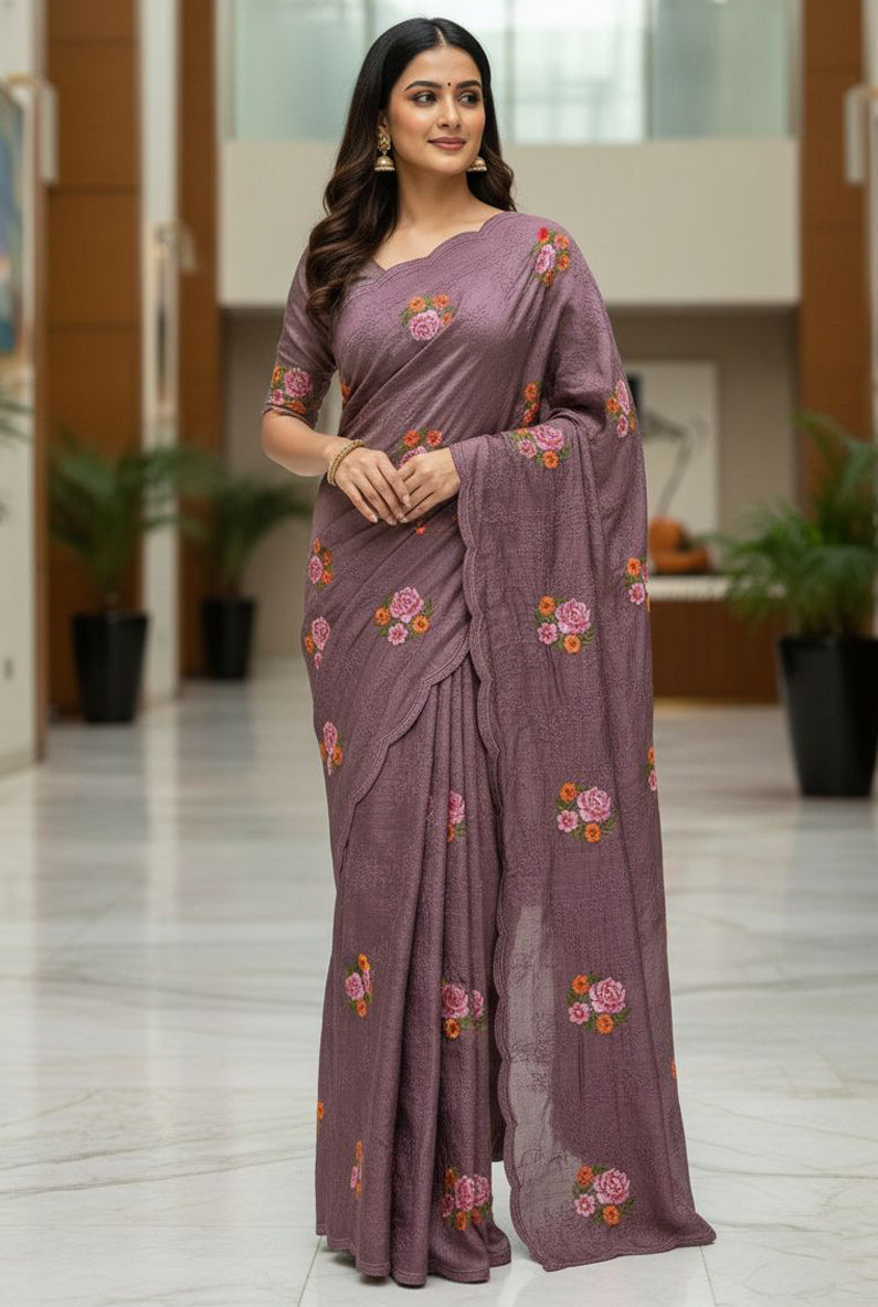 Mauve Manipuri Silk Saree with Premium Thread Embroidery Work