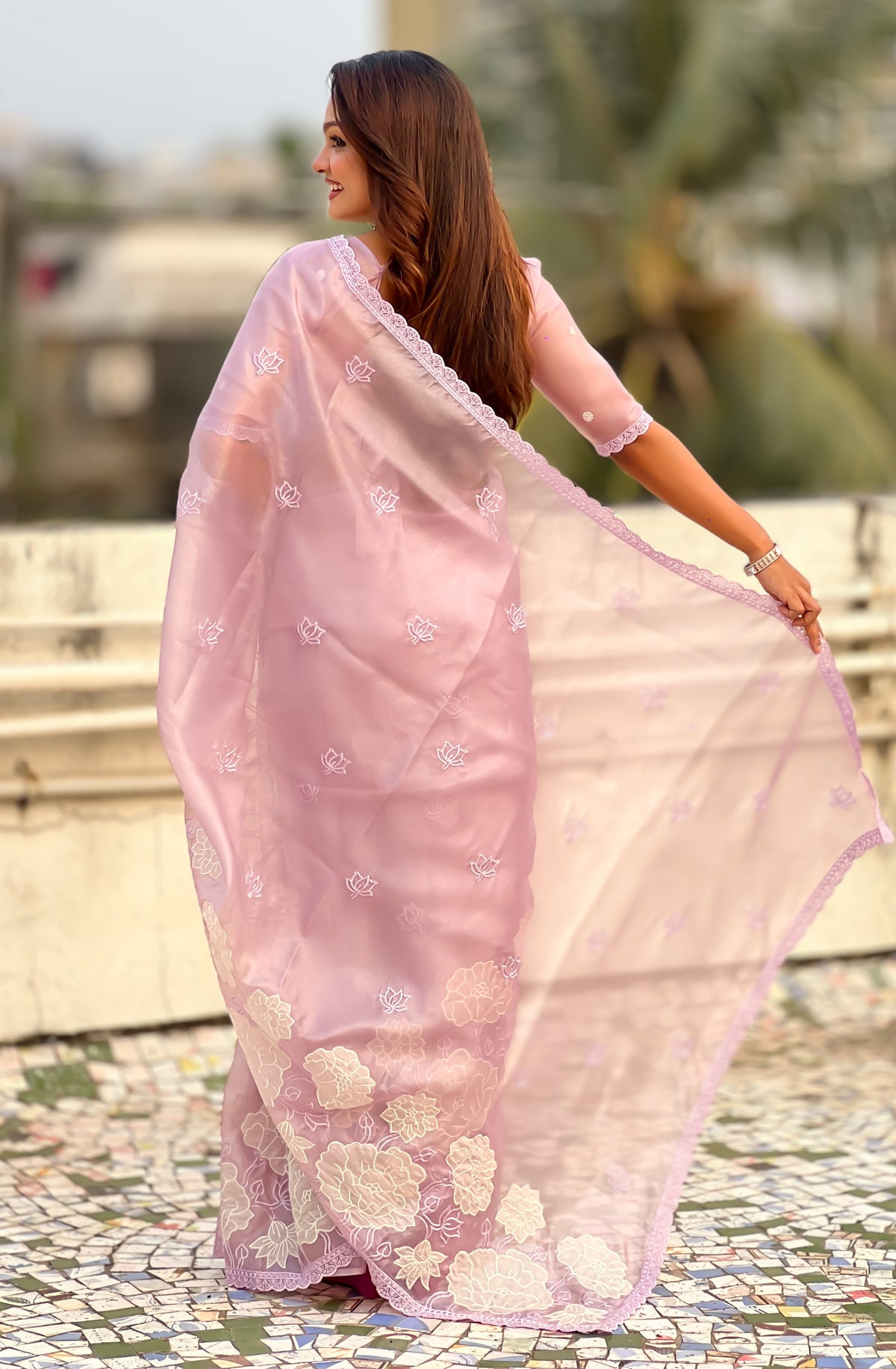 Mauve Oris Silk Saree with Lotus Thread Embroidery Cut Work