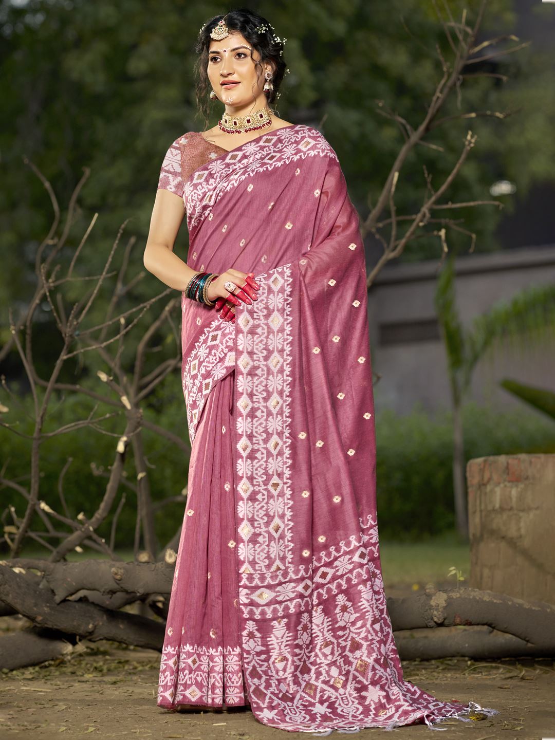 Mauve Pink Blended Linen Cotton Saree