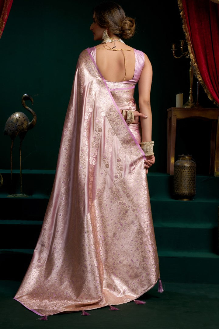 Mauve Satin Silk Saree with Premium Fancy Pom Pom Work